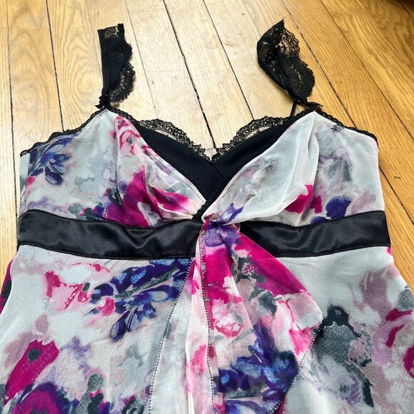 Karen Millen Babydoll Size 8 Black White Pink Silk Floral Lace Trim Sleeveless D - Picture 7 of 15